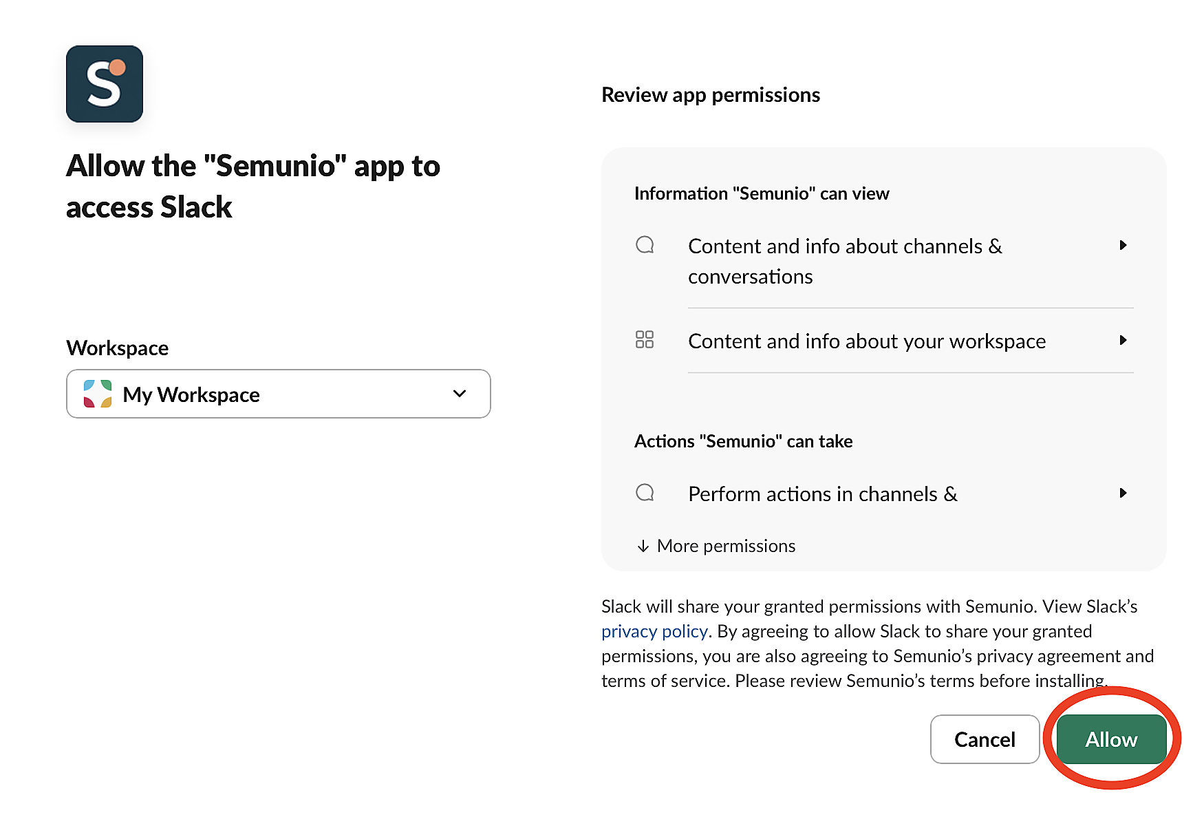 Screenshot of the Slack permission screen for adding Semunio to a workspace