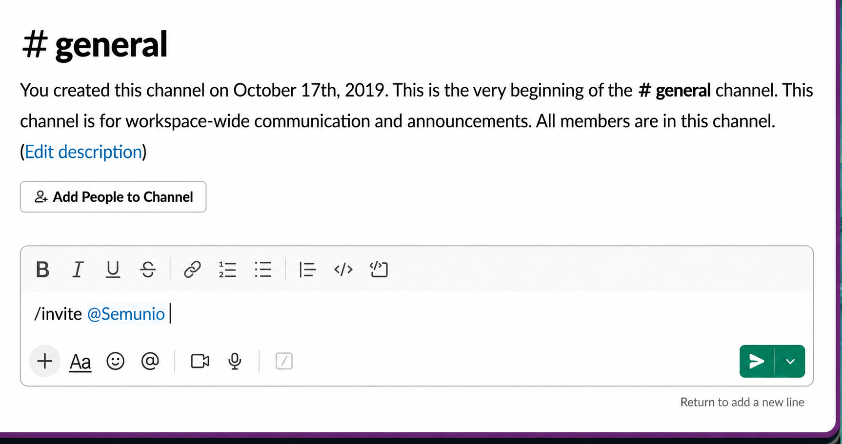 Screenshot of the /invite @Semunio command typed in the #general channel